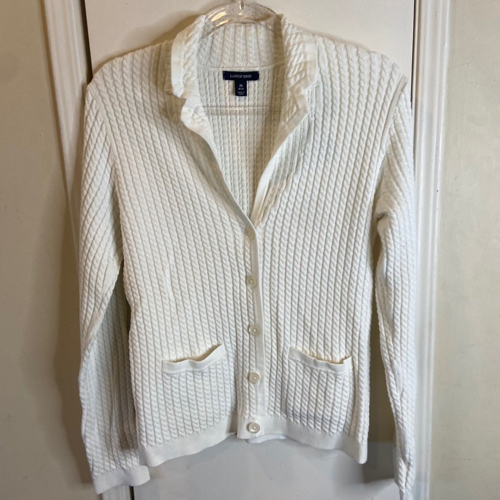 Lands End White Cable Knit Cotton Cardigan Sweater Button Front Womens Size M